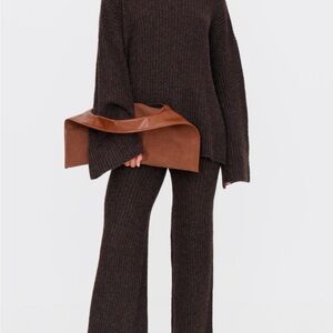 PrettyLittleThing Ribbed Wide-Leg Pants in Dark Brown